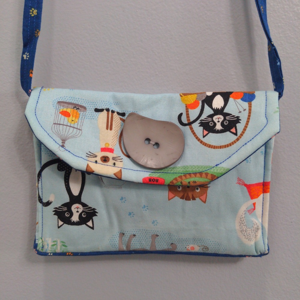 Handmade Fabric Cat Print Crossbody Bag Blue Kitten Paw Print Small Shoulder Bag